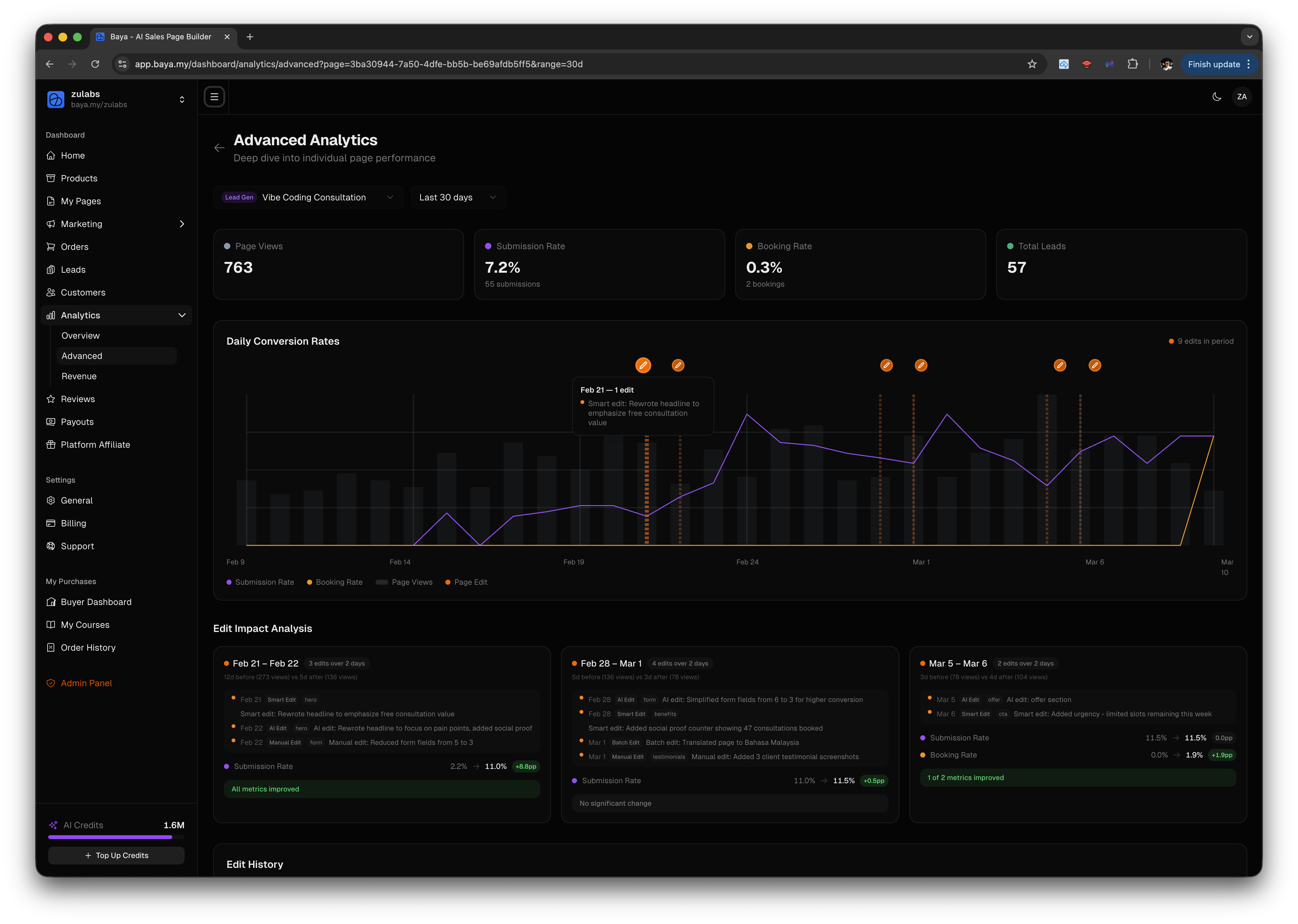 Dashboard Advanced Analytics Baya untuk lead gen page dengan submission rate dan booking rate tracking