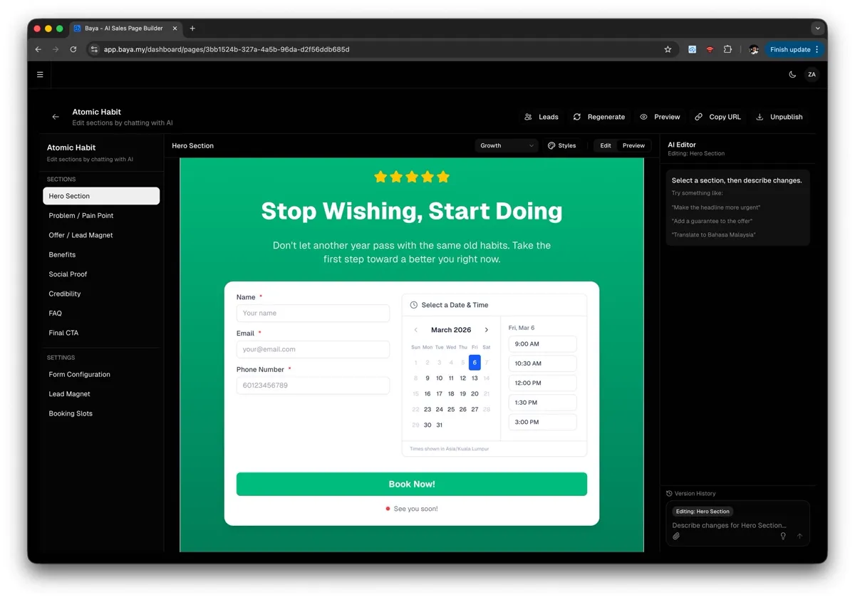 Contoh lead gen page dengan borang dan booking system di Baya