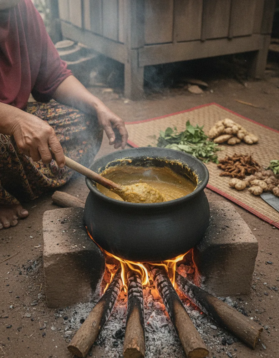 Proses tradisional memasak pati halia atas api perlahan